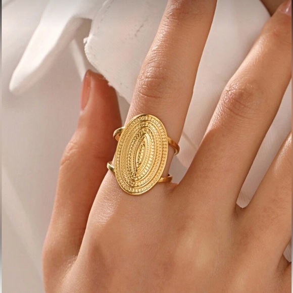 Anthropologie Jewelry - Elliptical Sculptural Gold Adjustable Ring — Modern Art Deco Statement